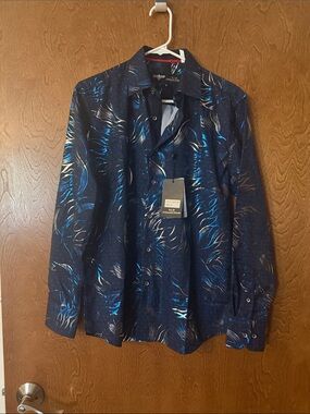 VIP Navy Blue Metallic Print Long-Sleeve Dress Shirt